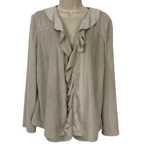 Chicos Microfiber Cardigan Jacket Size 2 Beige Open Ruffle Front Microsuede